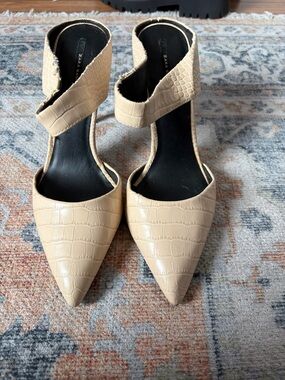 Zara Cream Croc-Embossed Pointed Toe Ankle-Strap Heels